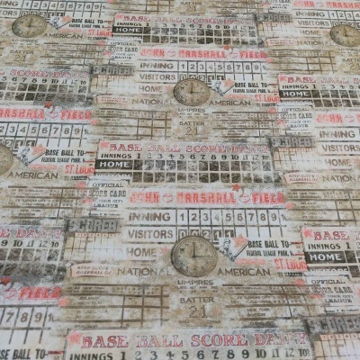 tecido estampado com quadros de pontuação de baseball vintage em vários tons