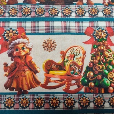 Tecido com padrão natalício incluindo personagem, cadeira de baloiço e árvore de Natal decorada