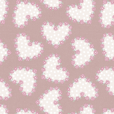 Padrão têxtil com corações brancos e flores cor-de-rosa