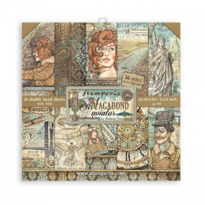 Pack de papel para scrapbooking temático Vagabond Sailor com imagens vintage de marinheiros e mapas.