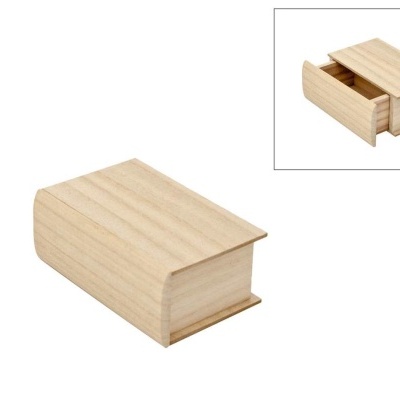Caixa em forma de livro de madeira clara com tampa deslizante