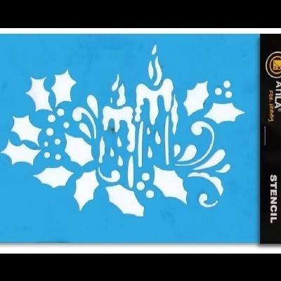 Stencil azul com desenho de velas e folhas de azevinho branco e texto da marca e código