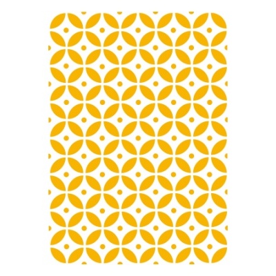 Cartão com padrão amarelo de círculos e folhas sobre fundo branco
