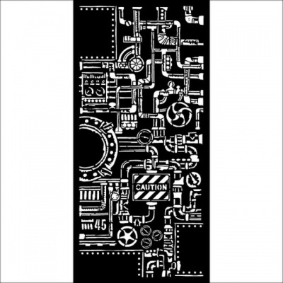 Ilustração em preto e branco de tubagens e válvulas com aviso 'CAUTION'