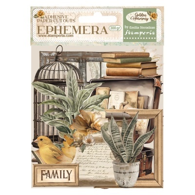 Adesivos de papel decorativos com tema vintage incluindo plantas, pássaros, livros, gaiola e texto FAMILY