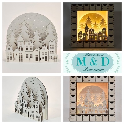 Decoração natal em madeira MDF com casas e árvores iluminadas por luz LED