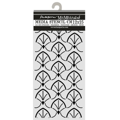 Stencil MixMedia Art da Stamperia com padrão geométrico preto em fundo branco