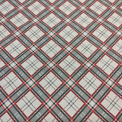 Tecido xadrez cinza com linhas vermelhas e brancas