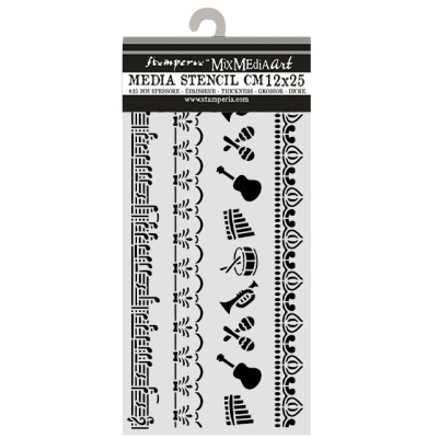 Stencil plástico com padrões musicais e bordas decorativas na embalagem
