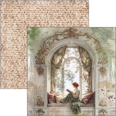 Mulher sentada lendo livro em janela decorada com cortinas florais e ornamentos dourados.