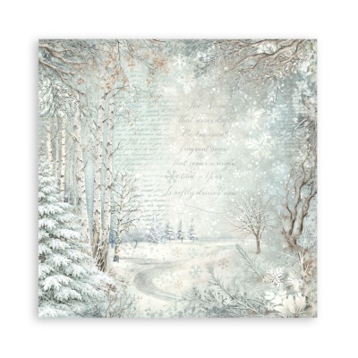 Paisagem de Inverno com árvores e neve, texto poético em inglês.