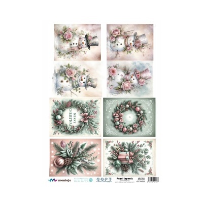 Folha com oito padrões natalícios para decoupage, bonecos de neve, flores, coroas e presentes.