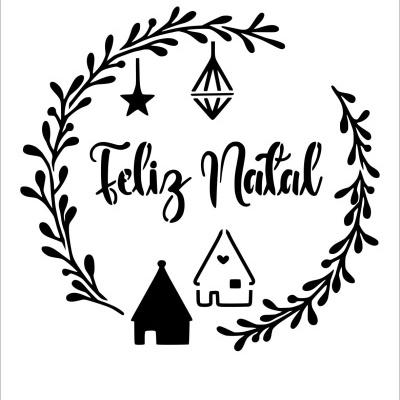 Stencil com design de guirlanda, texto 'Feliz Natal' e casas em preto e branco