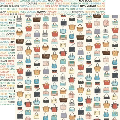 Padrão colorido de várias malas femininas sobre fundo claro com texto relacionado a moda.