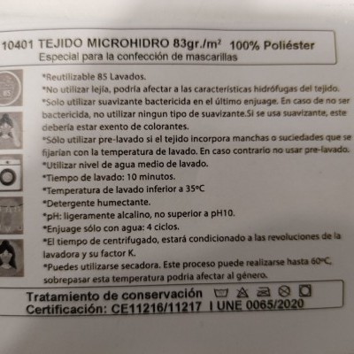 Etiqueta de tecido microhidro 100% poliéster para máscaras com instruções e certificações