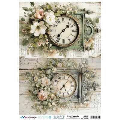 Dois relógios de parede com molduras ornamentadas e flores, fundo branco com escrita cursiva