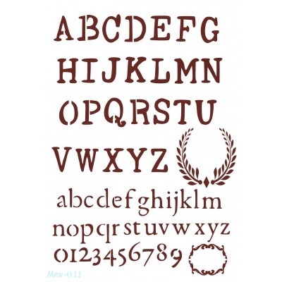 Cartão branco com alfabeto e números em estilo vintage castanho e dois ornamentos decorativos