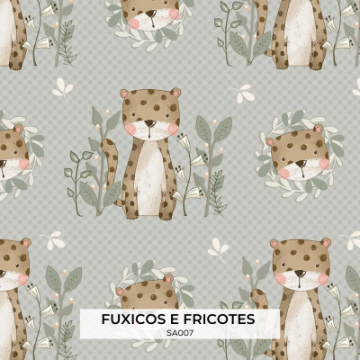 Padrão com onças caricaturais e plantas em fundo cinza xadrez