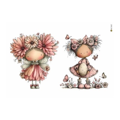 Ilustrações infantis de meninas com flores e borboletas em tons rosa e bege