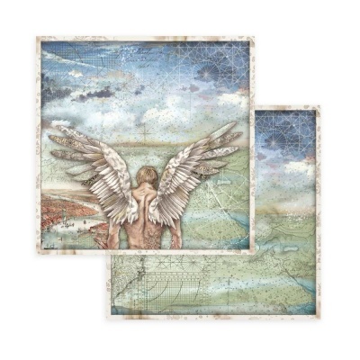 Folhas de papel decorativo com ilustração de figura com asas de anjo e mapas náuticos