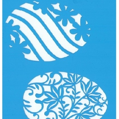 Stencil azul com desenhos ovais e embalagem preta com texto