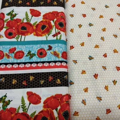 tecidos com estampas de papoilas, abelhas, borboletas e padrões hexagonais coloridos