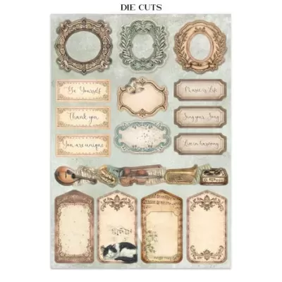 Recortes de papel com molduras e etiquetas decorativas em tons pastel e textura vintage.
