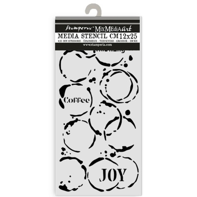 Stencil Stamperia Mix Media Art CM 12x25 com manchas circulares e palavras Coffee e JOY