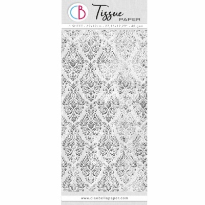 Papel de seda com padrão ornamental cinza e branco e embalagem com texto