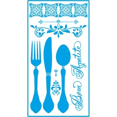 Ilustração azul de garfo, faca, colher e texto Bon Appétit