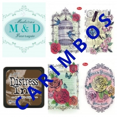 Logotipo Madeiras M & D e quatro etiquetas decorativas com flores e pássaros, além de embalagem de tinta Distress Ink vintage photo e palavra CARRIMBOS azul