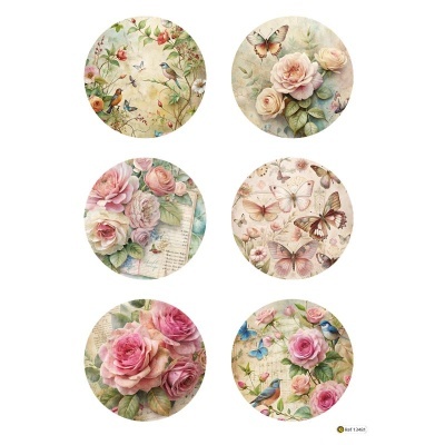 Seis ilustrações redondas de flores, borboletas e pássaros com fundo claro