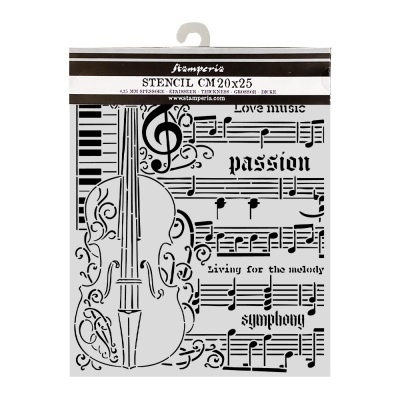 Stencil com padrão musical e violino em preto e branco