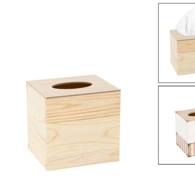 Caixas dispensadoras de lenços em madeira com diferentes acabamentos.