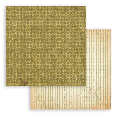 Papel decorativo envelhecido com padrões amarelo geométrico e riscas verdes