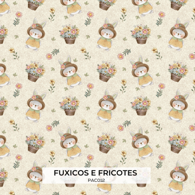 Papel decorativo com padrão de coelhos e flores em fundo bege