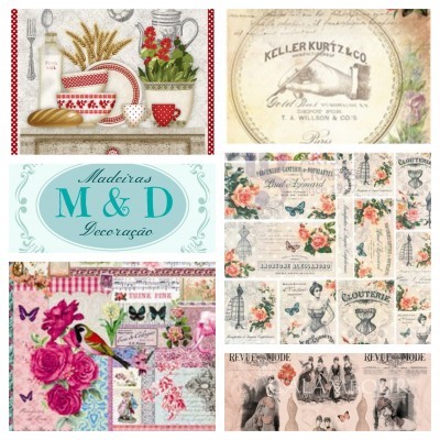 Conjunto de imagens decorativas vintage com motivos florais, textos em francês e português e elementos de cozinha e moda.