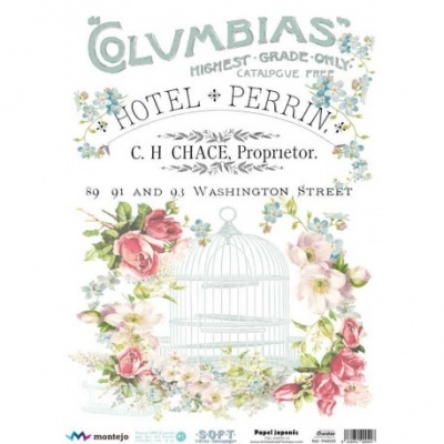 Papel japonês decorativo com texto vintage, gaiola vazia e moldura floral.