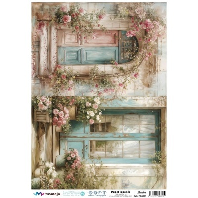 Papel japonês para decoupage com porta antiga azul e flores rosa