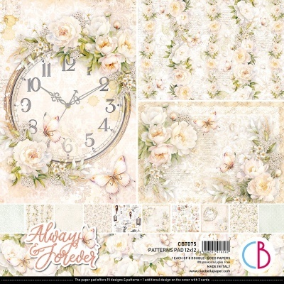 Papel de scrapbook floral com relógio vintage, flores, borboletas e texto Always Forever