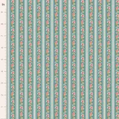 Tecido com padrão floral em riscas verticais verde-azul e branco