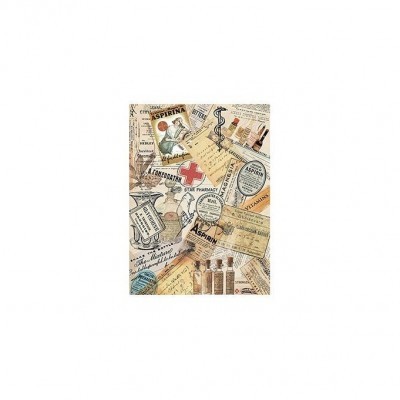 Papel com etiquetas e anúncios farmacêuticos antigos em tons sépia e coloridos