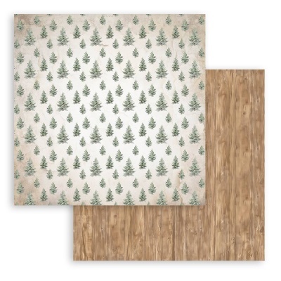 Papel decorativo com padrão de árvores verdes e padrão de madeira clara