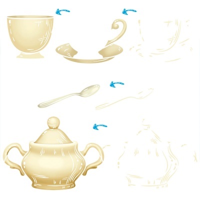 Conjunto de chá em porcelana bege, incluindo chávena, pires, colher e açucareiro