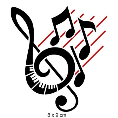 Símbolos musicais em preto com linhas vermelhas e dimensão 8x9 cm