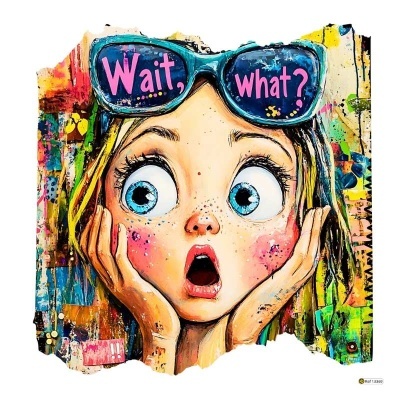 Desenho de rapariga surpreendida com óculos azuis e texto Wait, what?
