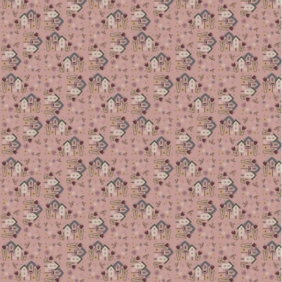 tecido cor-de-rosa com padrão de casinhas e flores