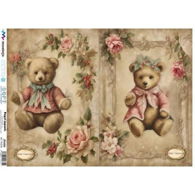 Papel decorativo com dois ursos de pelúcia vintage e decoração floral