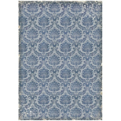 Papel decorativo azul com padrão floral clássico em cinza, com textura envelhecida