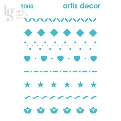 Conjunto de decalques de padrões decorativos em azul-turquesa com texto '2006' e 'curtis decor'